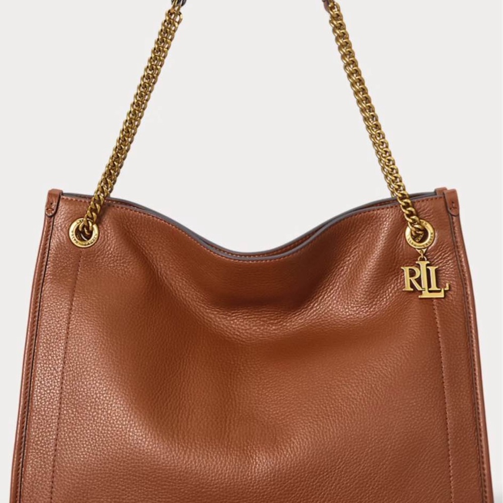 Ralph Lauren Tan Pebbled Leather Shoulder Bag with Gold Chain